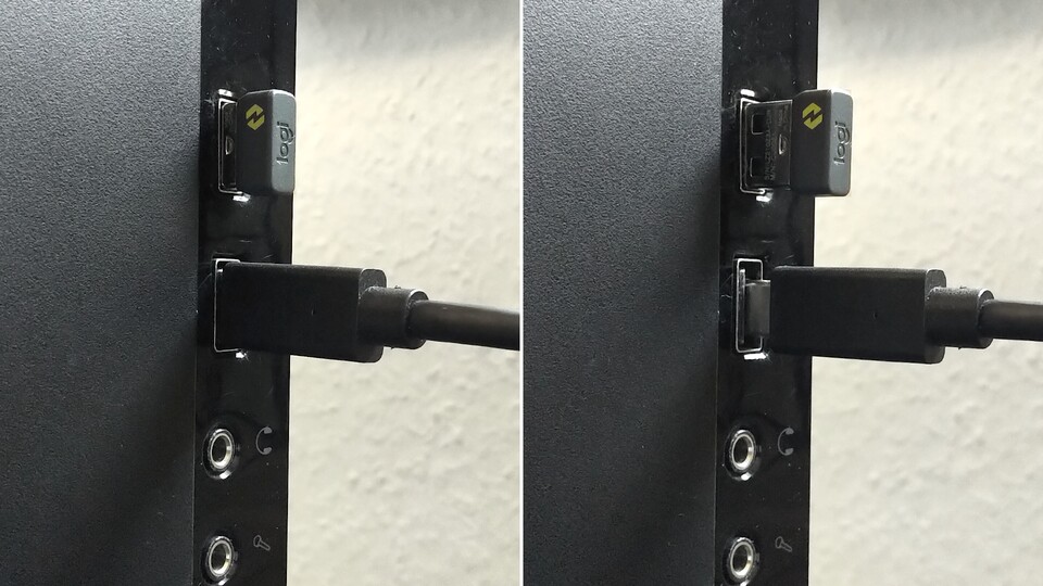 Auf den ersten Blick sieht alles richtig aus (linkes Bild). Auf den zweiten Blick offenbart sich der falsch verbundene USB-C-Anschluss (rechts). So geschmeidig wie in meinem Fall passt USB-C aber nicht immer in USB-A-Ports.