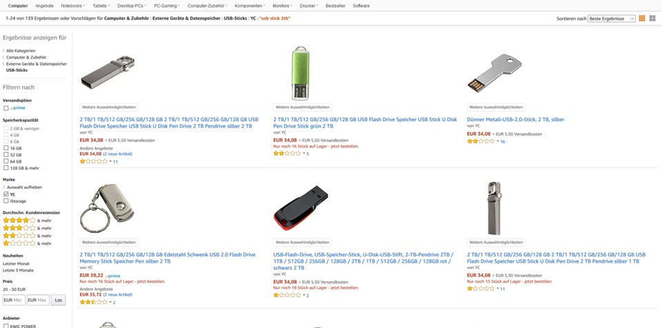 Im Amazon Marketplace fanden sich zum Zeitpunkt unserer Stichprobe am 12.12.2017 zahlreiche gefälschte 2,0 TByte große USB-Sticks.