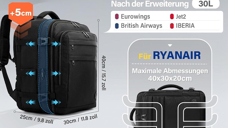 Ihr habt eine Airline, die euch etwas mehr Platz gönnt? Dann erweitert den Rucksack mit einem Handgriff um deutlich mehr Stauraum!