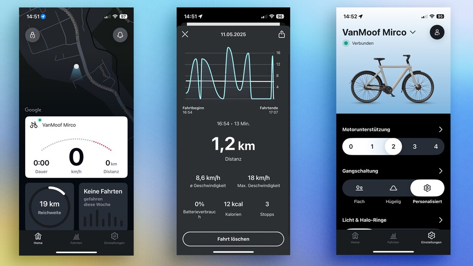 Dashboard, Statistiken und Einstellungen der VanMoof-App.