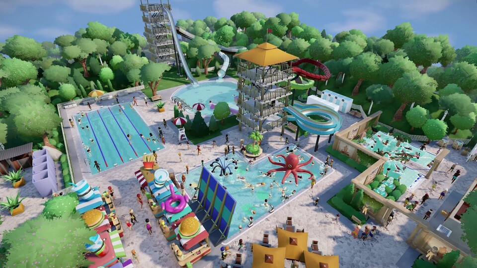 Unser Badezimmer sollte schöner sein! In Aquapark Tycoon werden Sie bald den Außenpool Ihrer Träume bauen