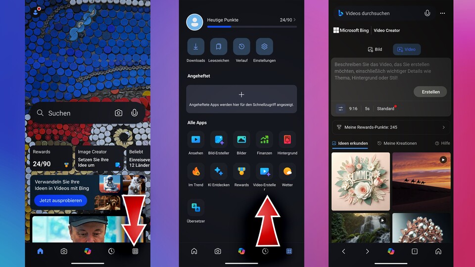 So navigiert ihr durch die Bing-App: Fenster > Video-Ersteller > Prompt eingeben.