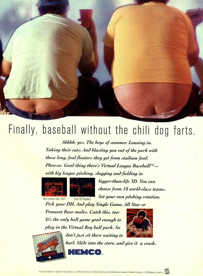 US-Sport endlich mal ohne furzende Zuschauer: Die wohl amüsanteste Virtual-Boy-Anzeige ist die zu Virtual League Baseball. 