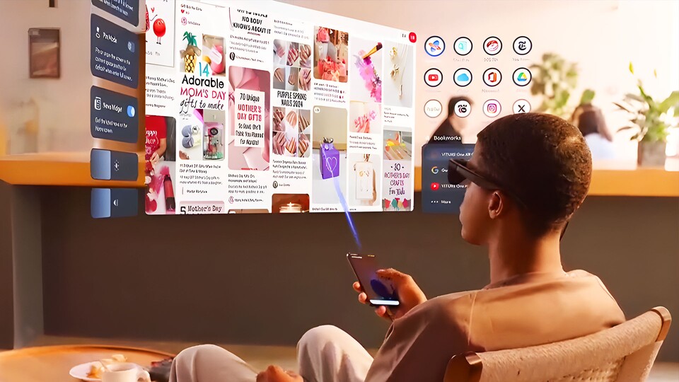 Die virtuellen Bildschirme lassen sich einfach bedienen: Entweder mit eurem Handy als Laserpointer oder dem Touschscreen als Trackpad.