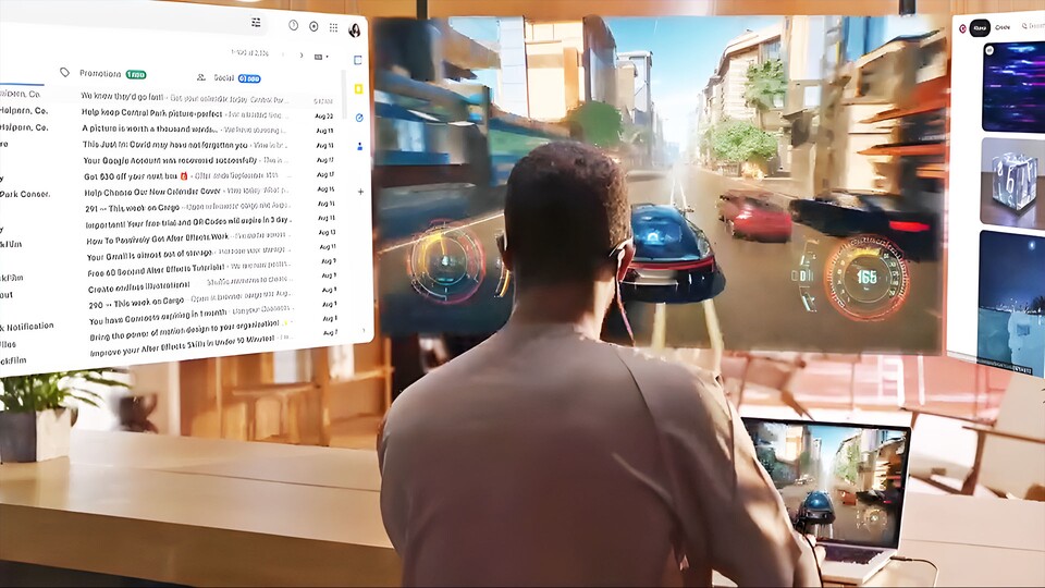 Die Brille wird über ein Kabel an Laptop, Handy oder Spielekonsole angeschlossen und dient als virtueller Bildschirm.