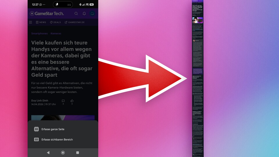 In nur einem einzigen Fingertipp, wird ein Screenshot der gesamten Seite angefertigt. Allerdings werden so keine Bilder abgelichtet. Für reinen Text ist die Funktion dennoch sehr nützlich.