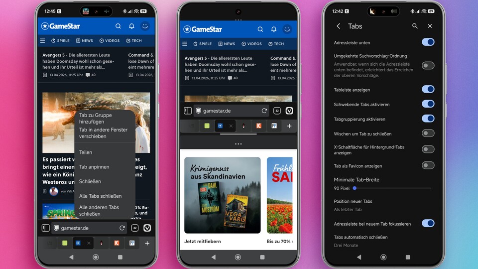 Die Tabs habe ich unterhalb der Adresszeile platziert. Hält man den Finger etwas länger über einen gedrückt, erscheinen weitere Optionen, wie etwa die gleichzeitige Anzeige von zwei Tabs. Auf dem kleinen Smartphone-Bildschirm ist das allerdings weniger praktisch.