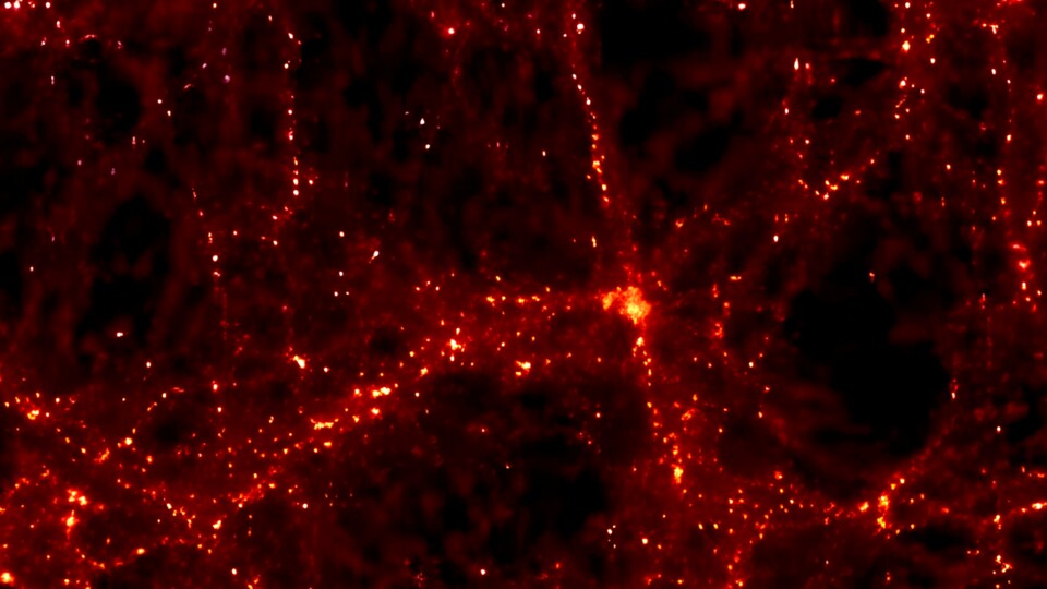 Computersimulationen der Entstehung von Struktur im Universum führen stets zu solchen Anordnungen: dichtere Stränge mit weniger dichten Löchern (Voids). Beides zusammen bildet das kosmische Netz.
(Bildquelle: Project Virgo)