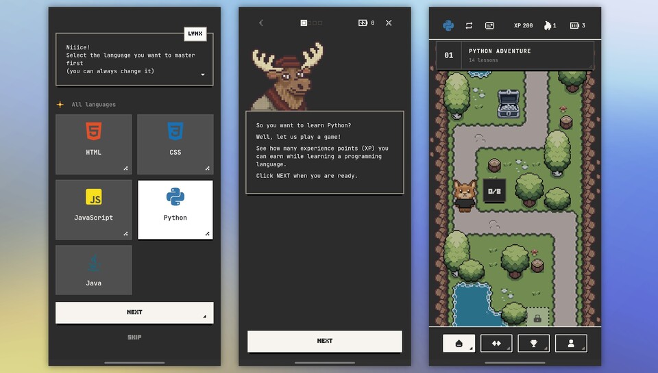 Zum Start des Abenteuers muss zunächst eine Programmiersprache ausgewählt werden, bevor es in die Lern-Welt geht. (Bildquelle: GameStar Tech)