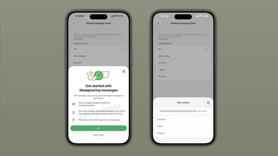WhatsApp lässt euch in Zukunft eure Nachrichten nach bestimmten Intervallen löschen. (Bildquelle: WABetaInfo)