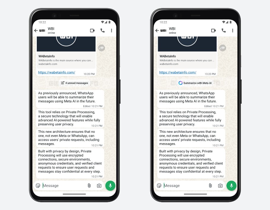 Bei vier ungelesenen Nachrichten könnte euch Meta bald eine KI-Zusammenfassung anbieten. (Bildquelle: WABetaInfo)