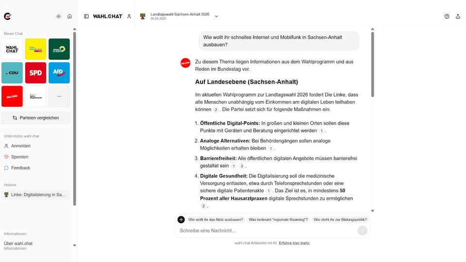 Bei Wahl.Chat wartet eine KI auf euch, die ihre Informationen aus den Wahlprogrammen der Parteien zieht. (Bildquelle: GameStar Tech)