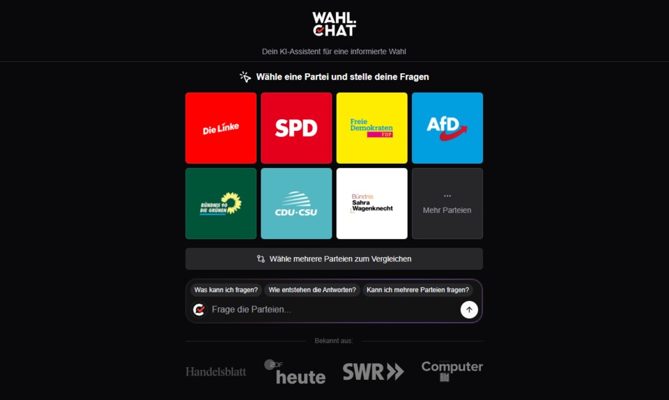 Die Oberfläche erinnert stark an ChatGPT. Nur, dass ihr mehr vorgefertigte Fragen im Textfeld habt und ihr die Parteien direkt auswählen könnt, für die ihr euch interessiert.