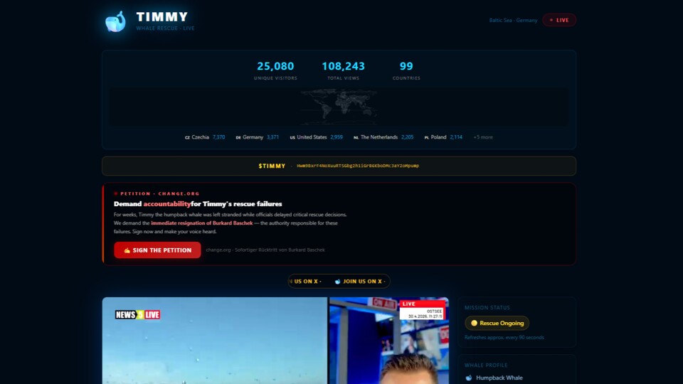 Billige KI-Webseite, Werbung für eine Krypto-Währung. Das Browserspiel zu Timmy dem Wal wirkt zweifelhaft.