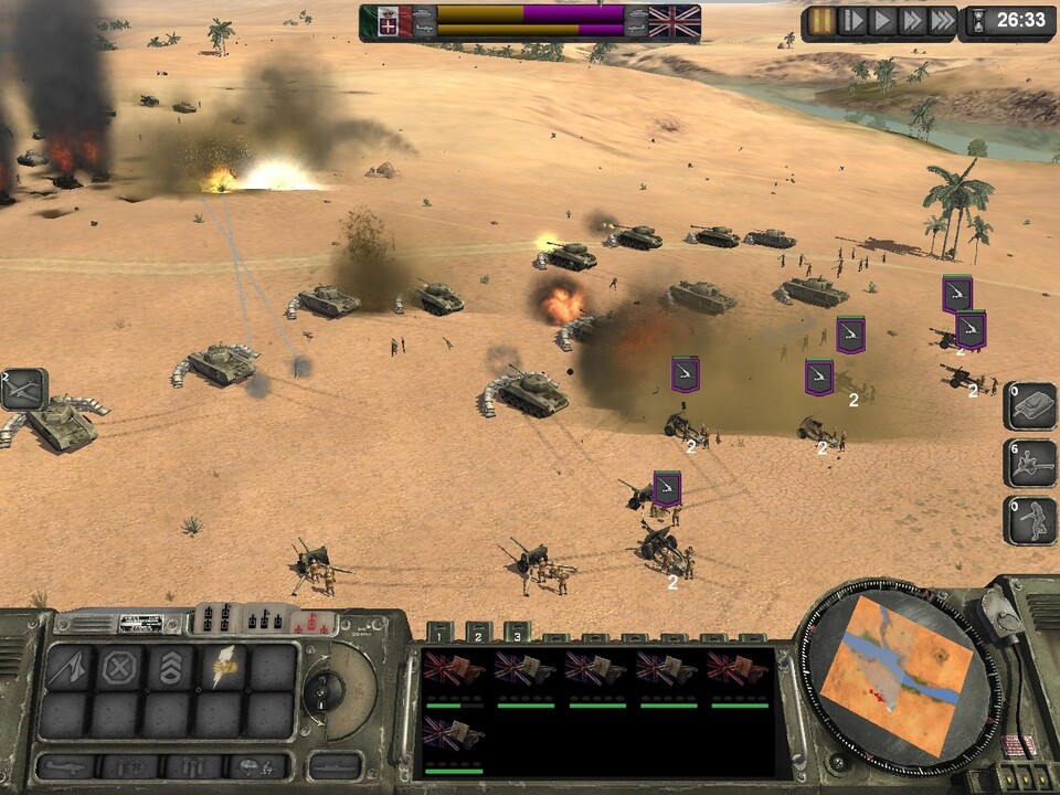 In der Verteidigungs-Formation (erkennbar an den Sandsack-Barrieren) schlucken die Panzer mehr Schaden und halten so das Feuer von den Geschützen fern.