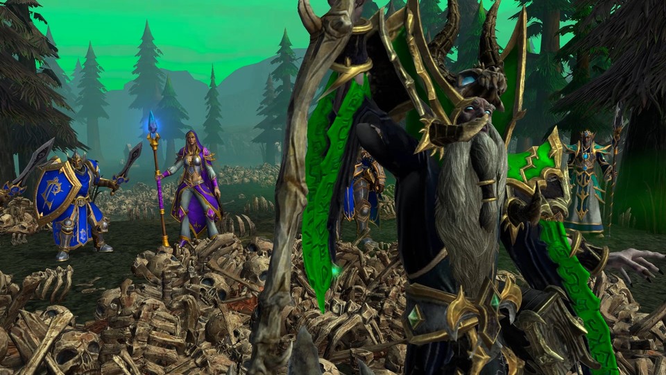 Der Modder hinter Warcraft 3: Re-Reforged baut bis zu 300 Skript-Auslöser (Trigger) und 20.000 Deko-Objekte pro Map ein. Diese Menge an (atmosphärischen) Skeletten hier erhöht auch leicht die Systemanforderungen.