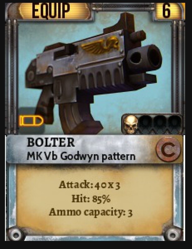 Warhammer 40.000: Space Wolf: Der Bolter ist die wichtigste Waffe der Space Marines. Im Spiel ist er anscheinend als Sammelkarte enthalten.