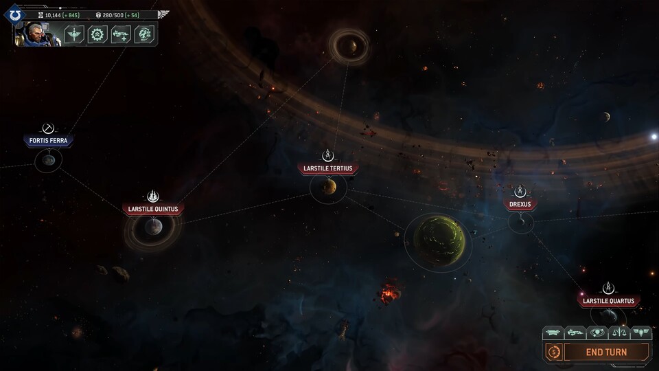 In der Kartenansicht bekommen wir einen Überblick über die unterschiedlichen Planeten, auf denen wir vermutlich Ressourcen farmen oder Krieg anzetteln können.