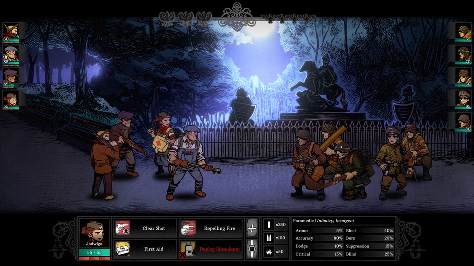 Wie bei Darkest Dungeon werden die Kämpfe aus einer 2D-Ansicht von der Seite ausgetragen, die Reihenfolge in der die Figuren aufgestellt sind, spielt dabei eine wichtige Rolle.