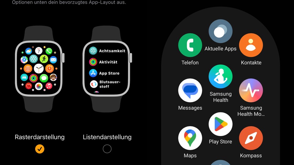 Links im Bild: Darstellung der Apple Watch. Rechts im Bild: Darstellung bei Samsung.