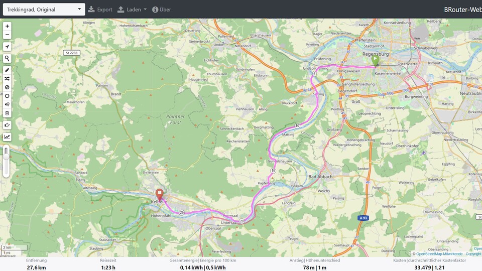 »BRouter« gehört zu den besten Fahrrad-Karten und Routenplanern - etwa wenn ihr von Regenbsurg nach Kelheim fahren wollt. (Bildquelle: BRouter Web)