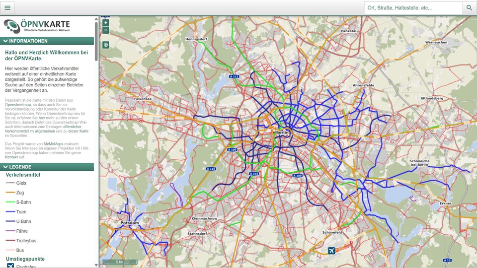 Mit »ÖPNVKarte.de« könnt ihr euch Bahn-, Bus und andere Liniennetze anzeigen lassen – beispielsweise in Berlin. (Bildquelle: ÖPNVKarte.de)