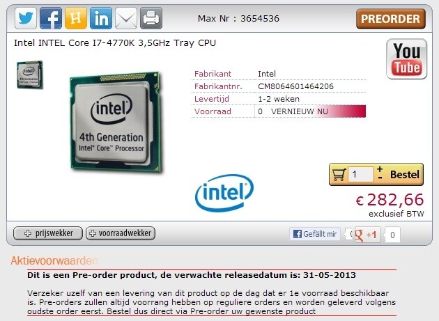 Das Angebot des Intel Core i7 4770K für knapp 283 Euro ohne Mehrwertsteuer.