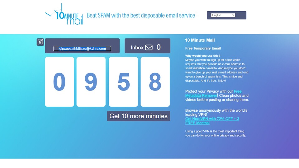Eine Wegwerf-E-Mail-Adresse gibt es bei 10 Minute Mail - kostenlos und ohne Registrierung.