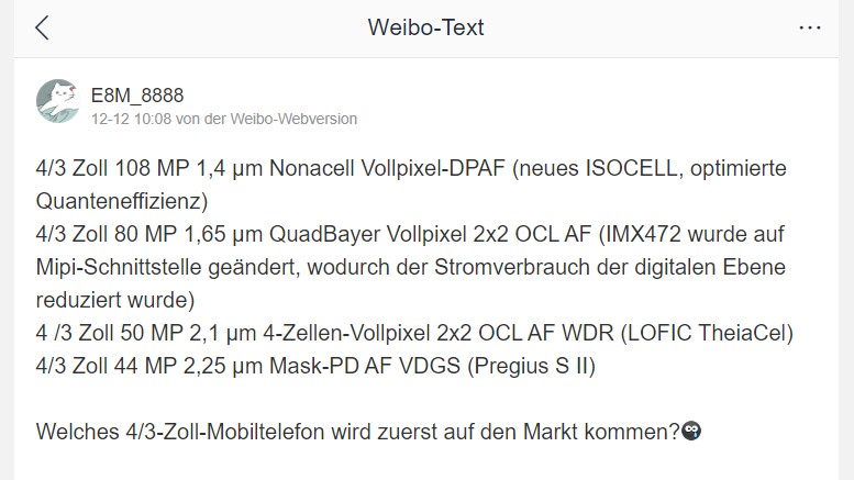 Die vier geleakten Bildsensoren, die für Smartphones gedacht sein sollen. (Bild: Weibo)