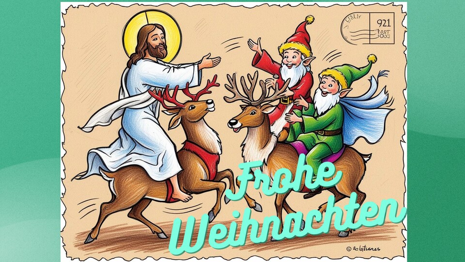 Diese Weihnachtskarte wurde mit dem Canva Dream Lab erstellt und die Schrift in Canva hinzugefügt.