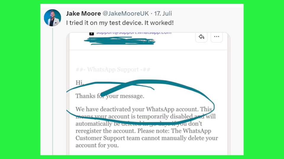 Für Jake Moore war es ein Kinderspiel, die WhatsApp-Konten seiner Handys per Mail zu sperren.