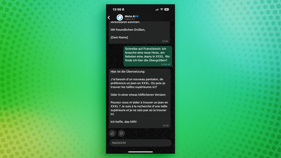 Die Übersetzung auf Französisch funktioniert ebenfalls gut.