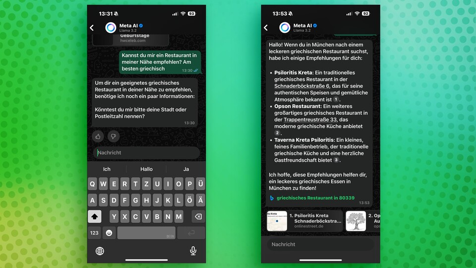 Meta AI kann auch Restaurants basierend auf einer Postleitzahl finden.