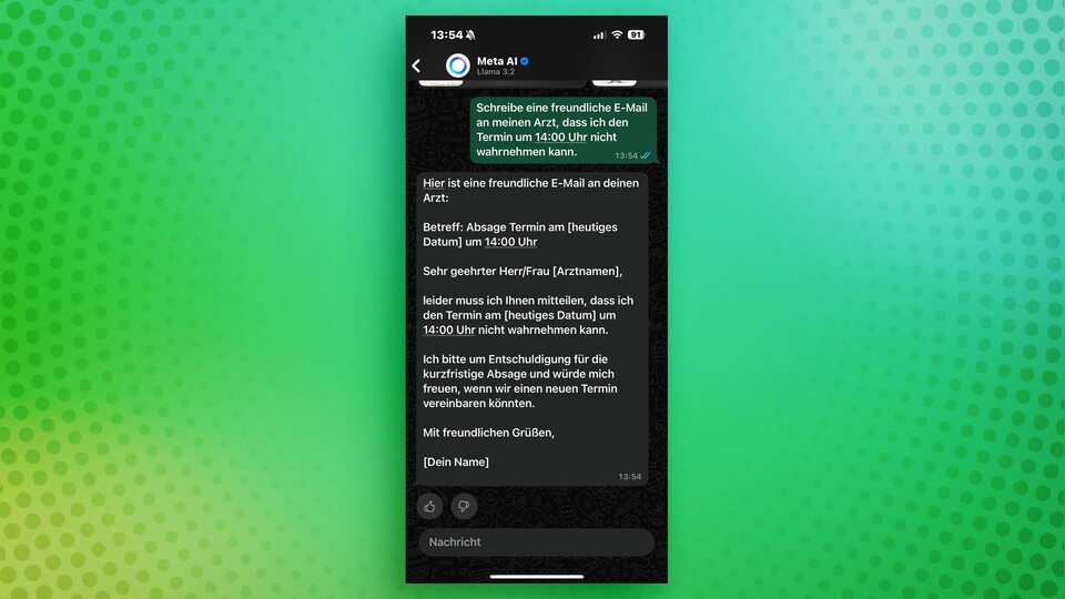 In unserem Test versteht die KI sogar, dass eine Absage um diese Uhrzeit sehr kurzfristig ist.