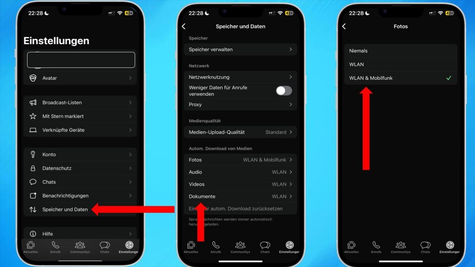 Über die Speicher-Einstellungen könnt ihr flexibel auswählen, ob ihr pro Kontakt oder generell Daten herunterladen möchtet.