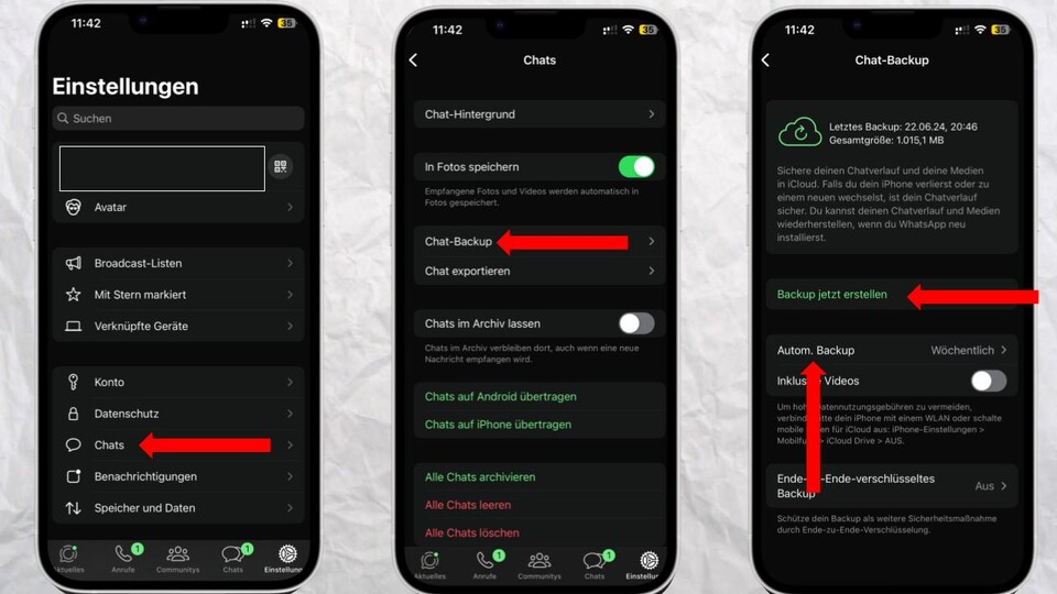 Über die Chat-Einstellungen könnt ihr das Chat-Backup flexibel einrichten sowie automatisieren.