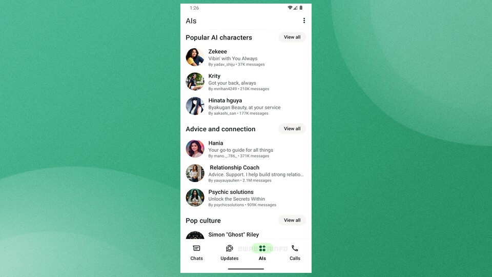 So könnte der neue KI-Tab aussehen (Bildquelle: WABetaInfo)