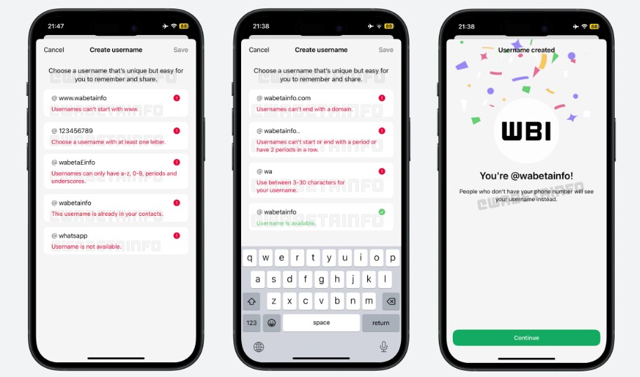 So sieht der Prozess aus, wie ihr wahrscheinlich bald eigene Nutzernamen bei WhatsApp einstellen könnt. (Bildquelle: WABetaInfo)