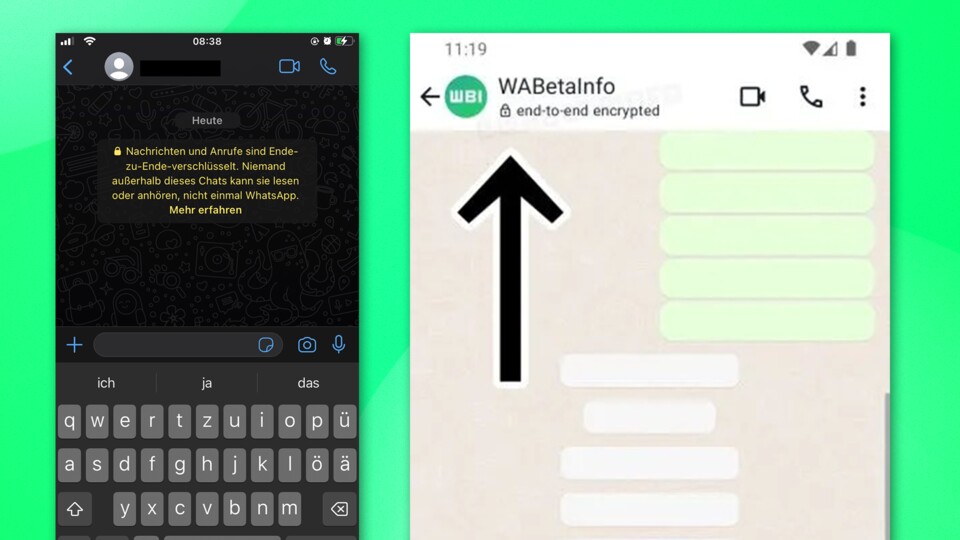 Rechts seht ihr das neue Icon. Aktuell werdet ihr nur über die Ende-zu-Ende-Verschlüsselung beim ersten Anschreiben informiert. (Bild: WABetaInfo)