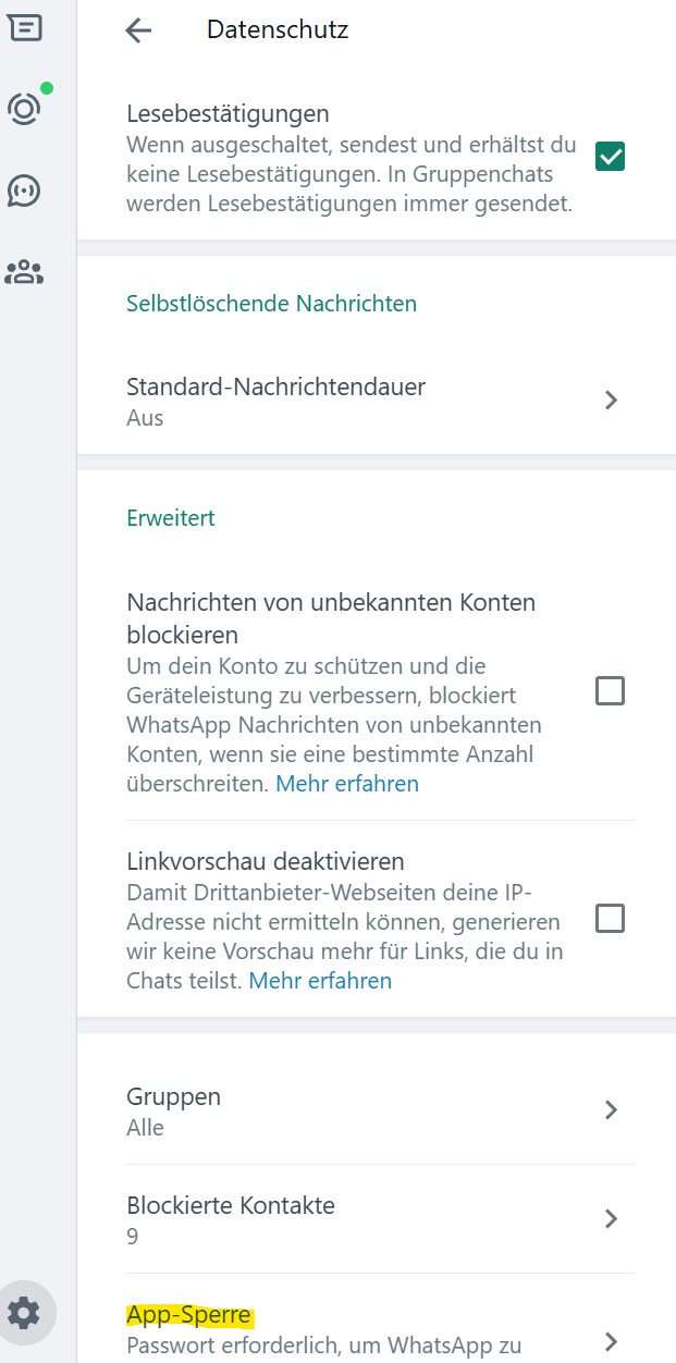 Hier findet ihr in den Optionen die Auswahl für die App-Sperre bei WhatsApp Web