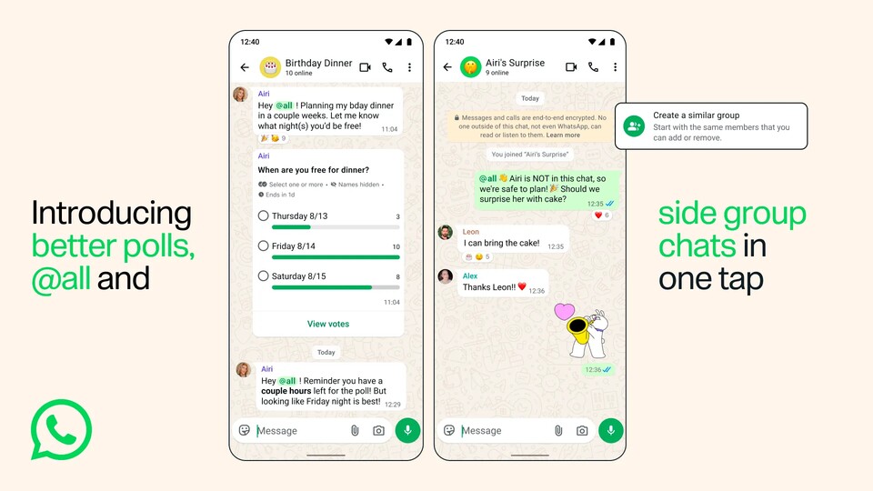 Die neuen Gruppenfunktionen im Schaubild. (Bildquelle: WhatsApp Meta)