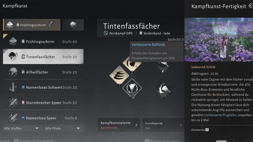 Frühlingsschirm und Tintenfassfächer bilden die einzige Fernkampfkombination.