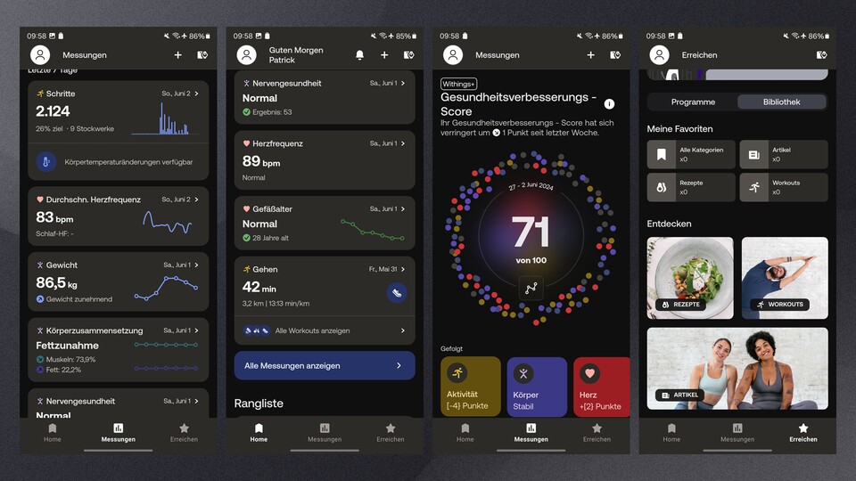 Anfangs erhaltet ihr eine Vielzahl von Aufgaben. Anschließend wirkt die App beim Scrollen allerdings recht aufgeräumt. Mit der passenden Waage von Withings bekommt ihr noch weitere Informationen zu eurer Gesundheit.