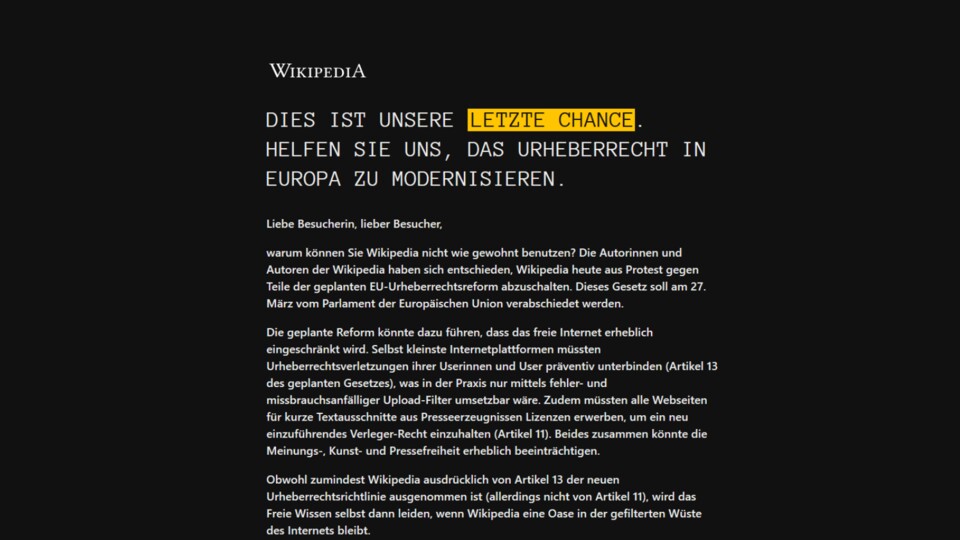 Wikipedia schaltet sich heute aus Protest gegen die EU-Urheberrechtsreform für einen Tag selbst ab.