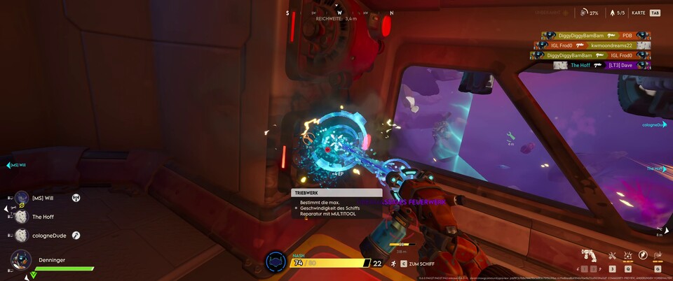 Ihr könnt gezielt Schiffsteile zerstören. Hier reparieren wir etwa unsere Triebwerke.