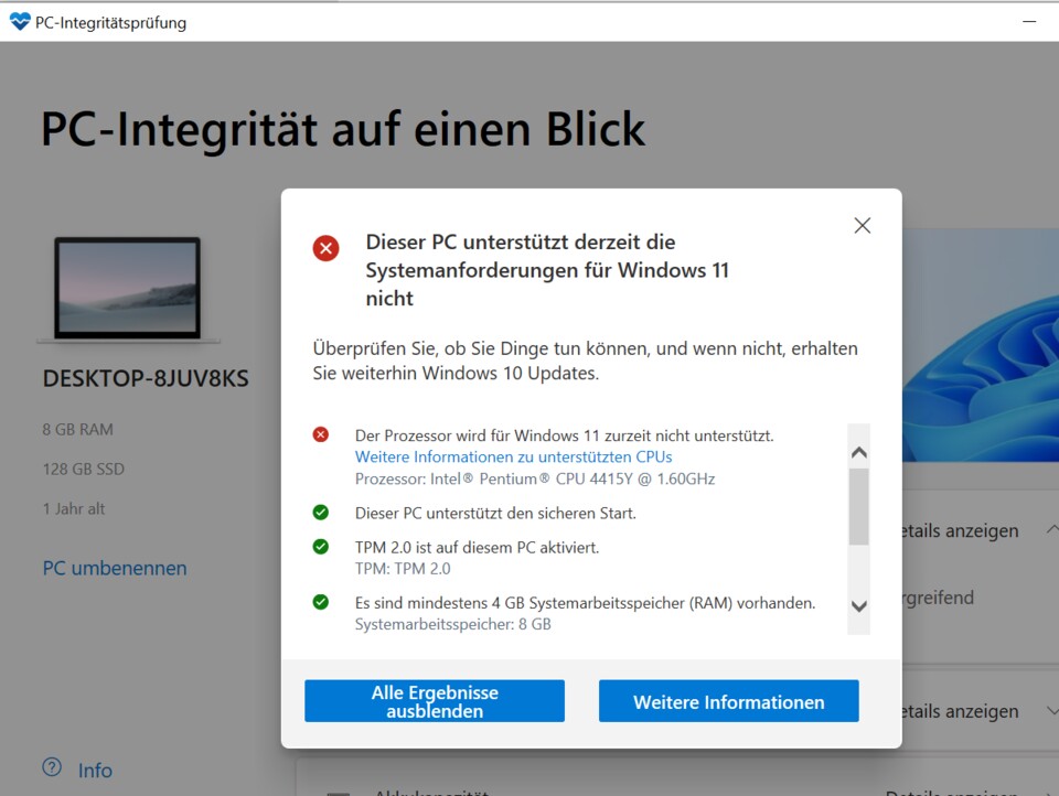 Alles fit für Windows 11 beim Surface Go 1, nur der Prozessor ist die Upgrade-Hürde