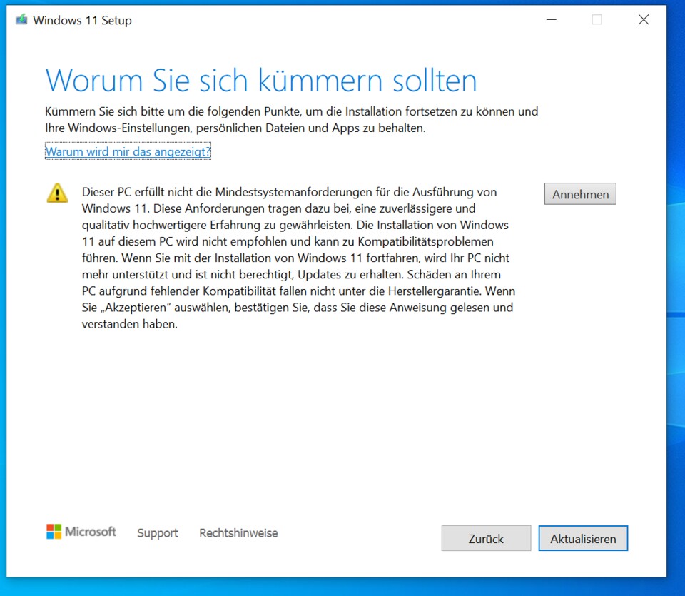 Windows warnt vor der Installation von Windows 11 auf dem Surface Go 1. Funktionieren tut es dennoch.