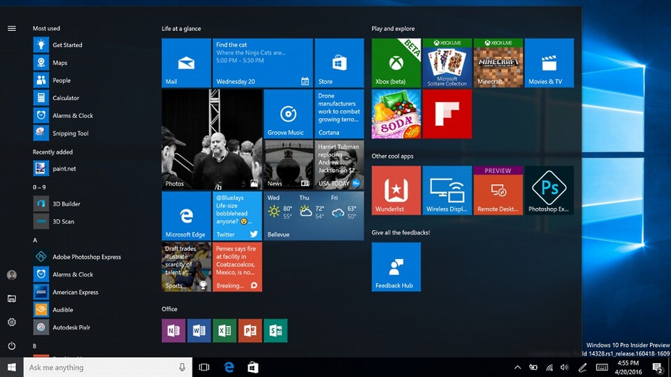 Windows 10 Build 14328 bietet ein überarbeitetes Start-Menü.