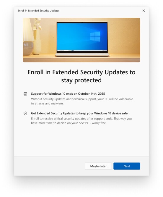 Bei der Anmeldung für erweiterte Sicherheitsupdates wählt ihr eine der drei Optionen aus. (Bildquelle: Microsoft)