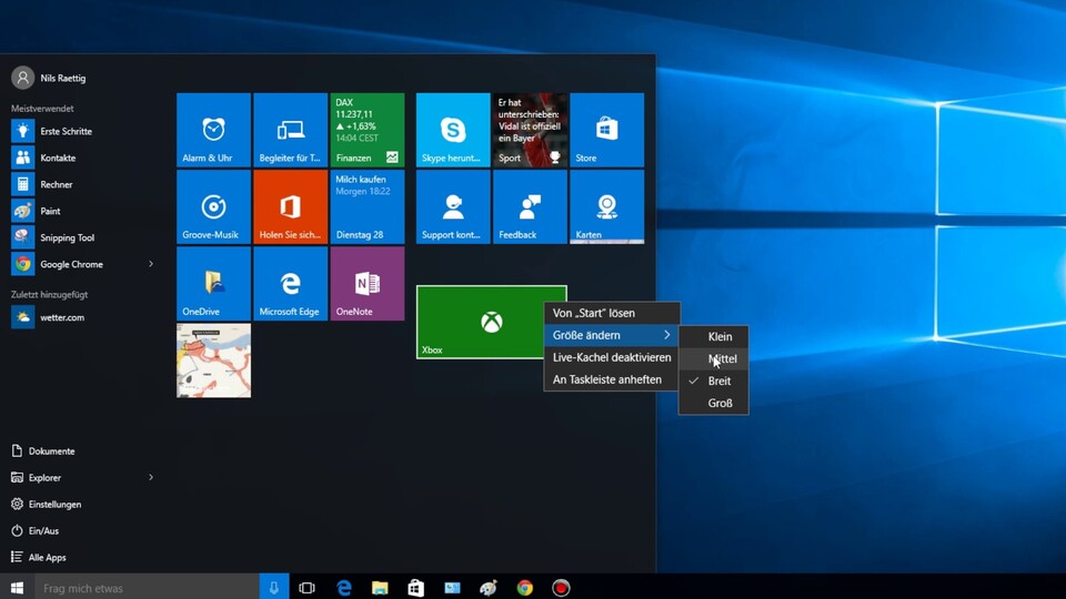 Kacheln finden sich unter Windows 10 nur noch im Startmenü. Die Schaltflächen können Sie in Gruppen einteilen, deren Größe verändern oder ganz entfernen. 